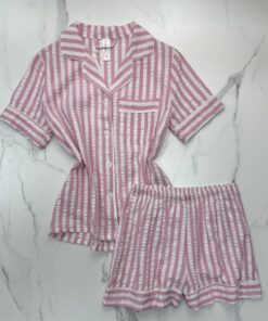 Pyjama boutonné short haut demi manche en lin- rose à rayures -