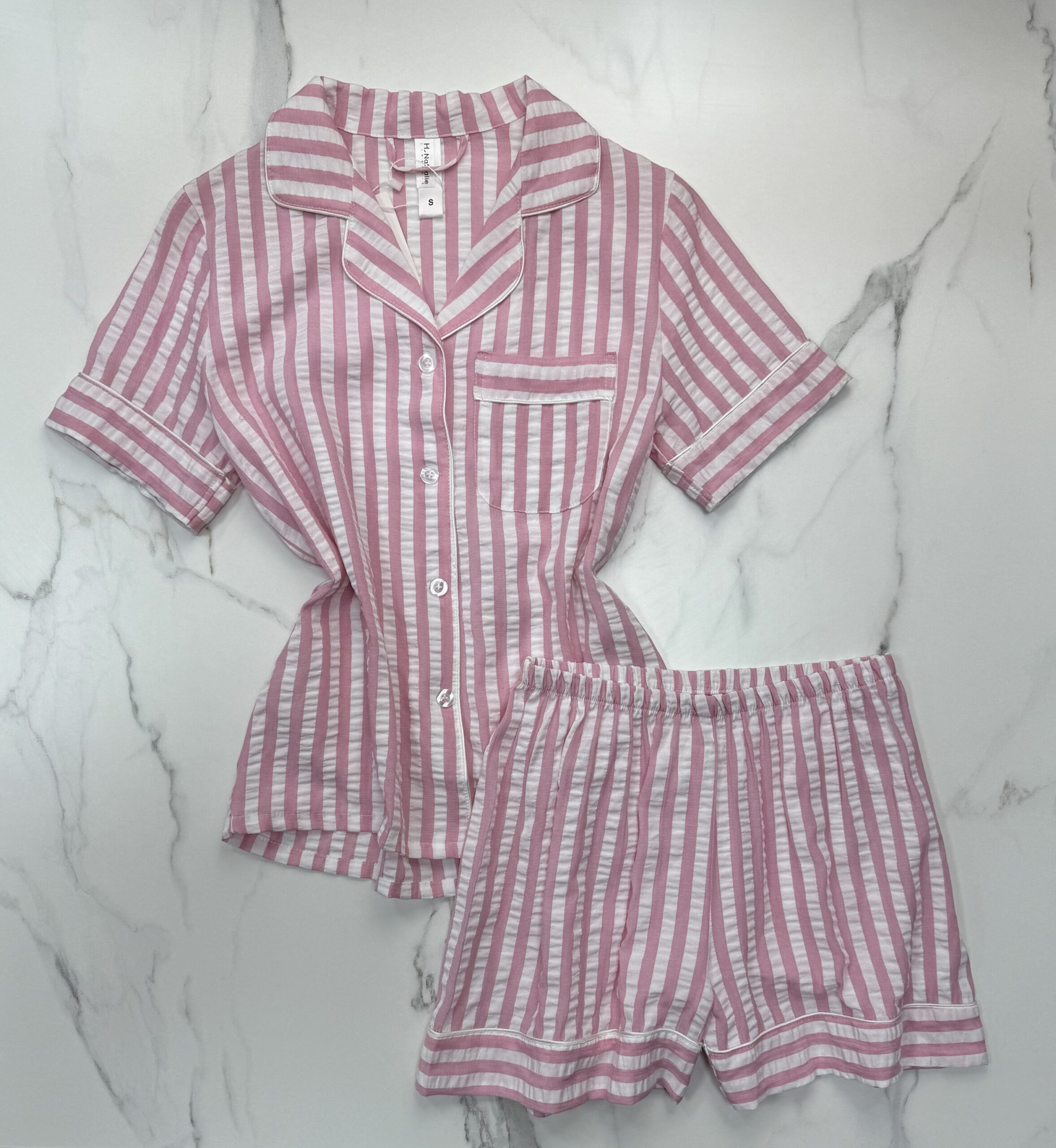 Pyjama boutonné short haut demi manche en lin- rose à rayures -