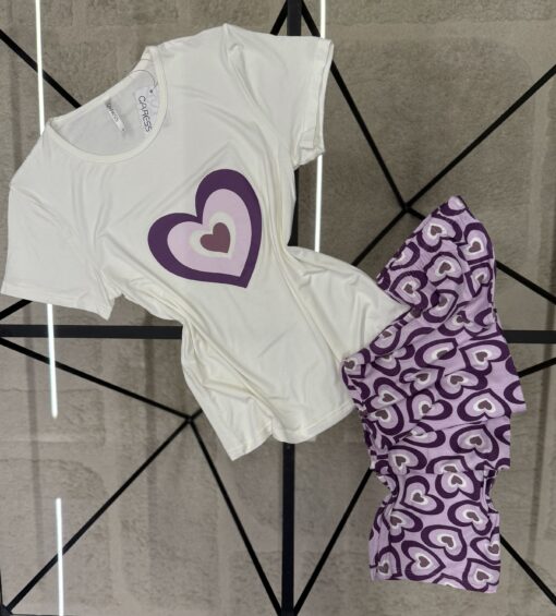 Pyjama pantalon haut demi manche " Mauve coeur "