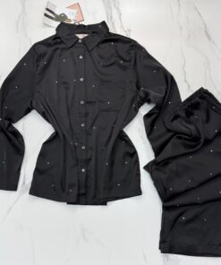 Alternative view of Pyjama Boutonnée en satin perlé " Noir "