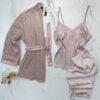 Pyjama 3 pcs en satin et kimono velours " Rose "