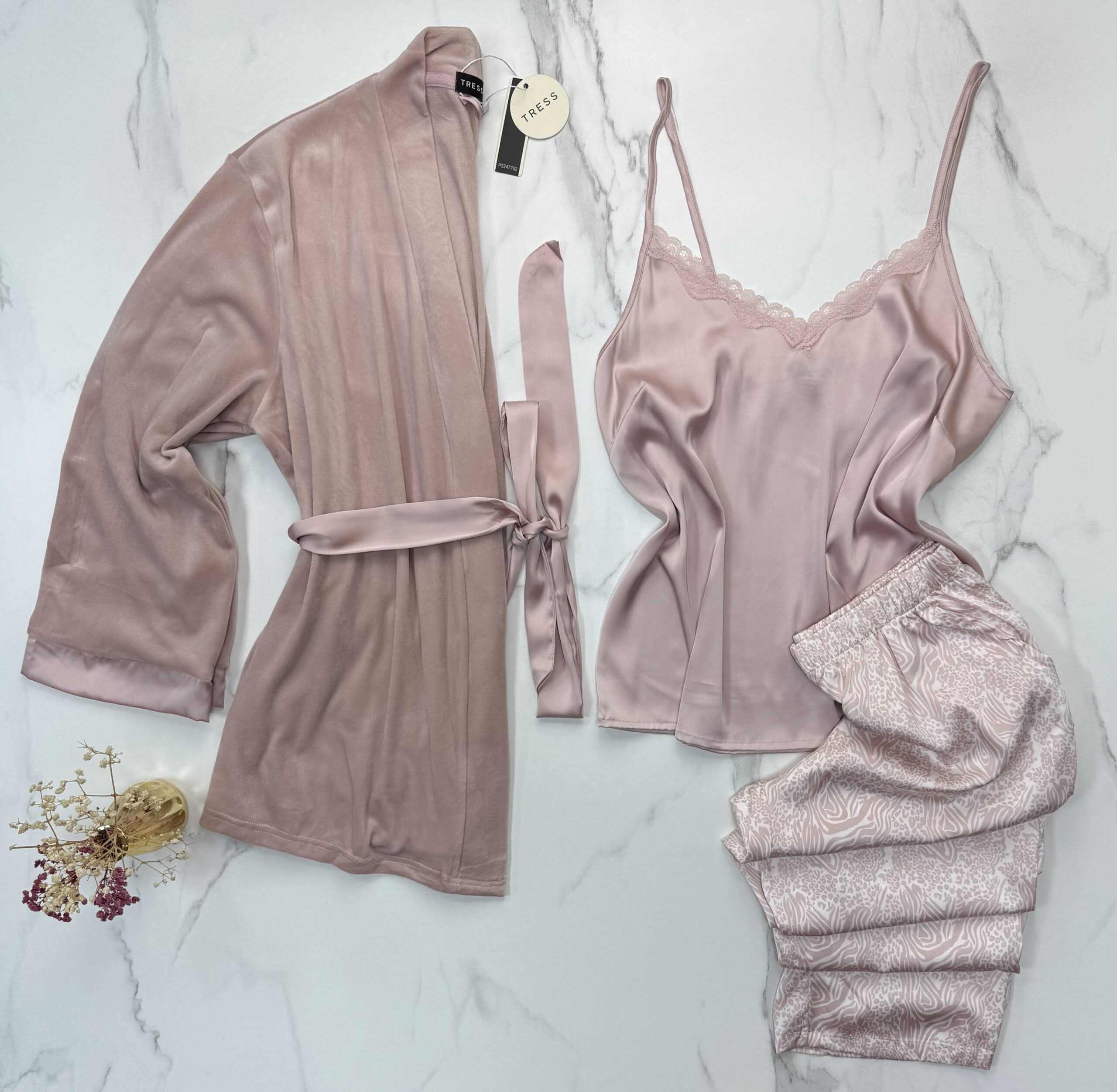 Pyjama 3 pcs en satin et kimono velours " Rose "