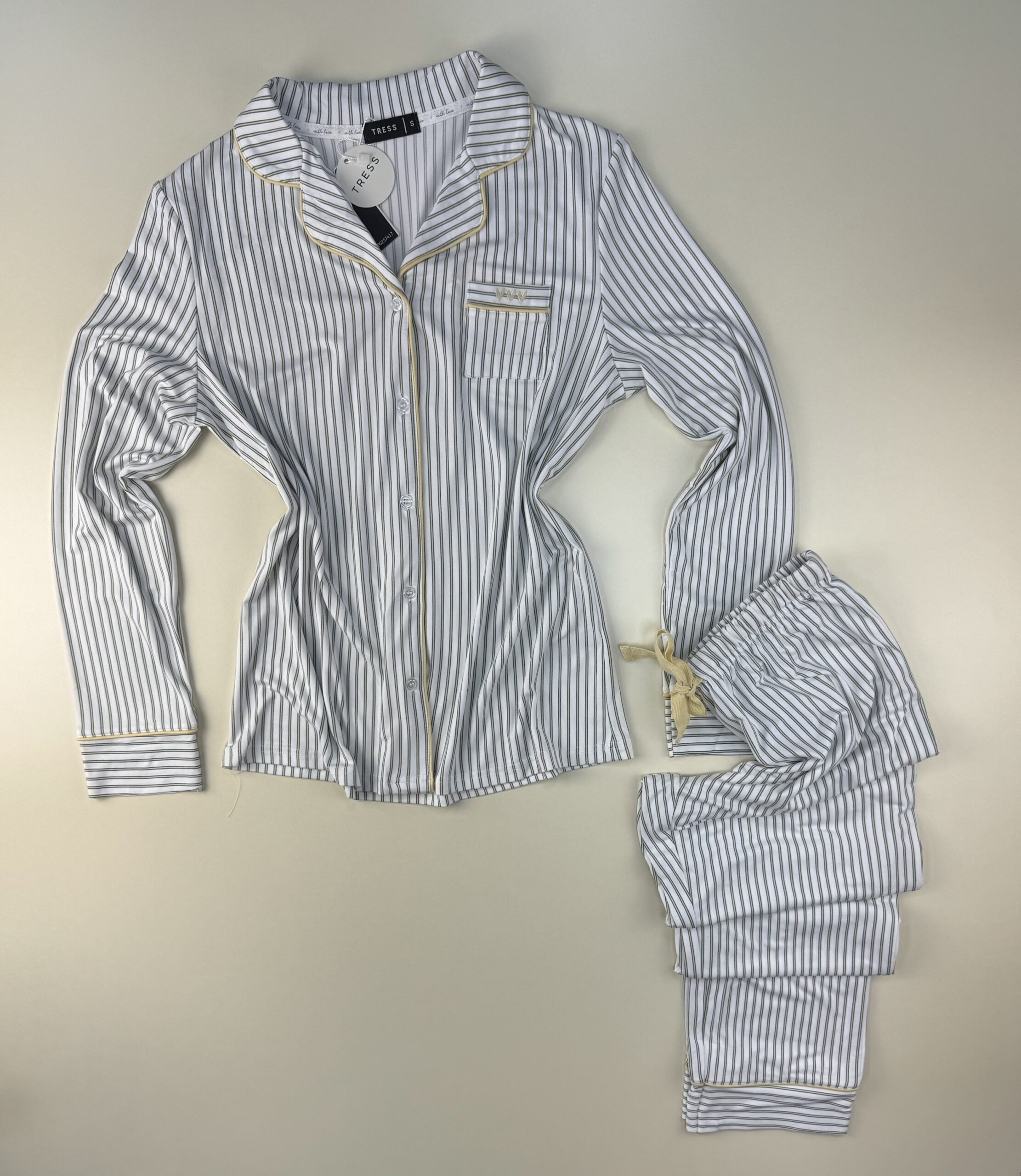 Pyjama pantalon haut manche longue boutonné  " Blanc à rayures  " – Image 3