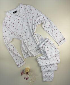Pyjama pantalon haut manche longue boutonné " Blanc "