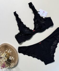Ensemble 2 pcs Primark en dentelle  "Noir fleur rouge"