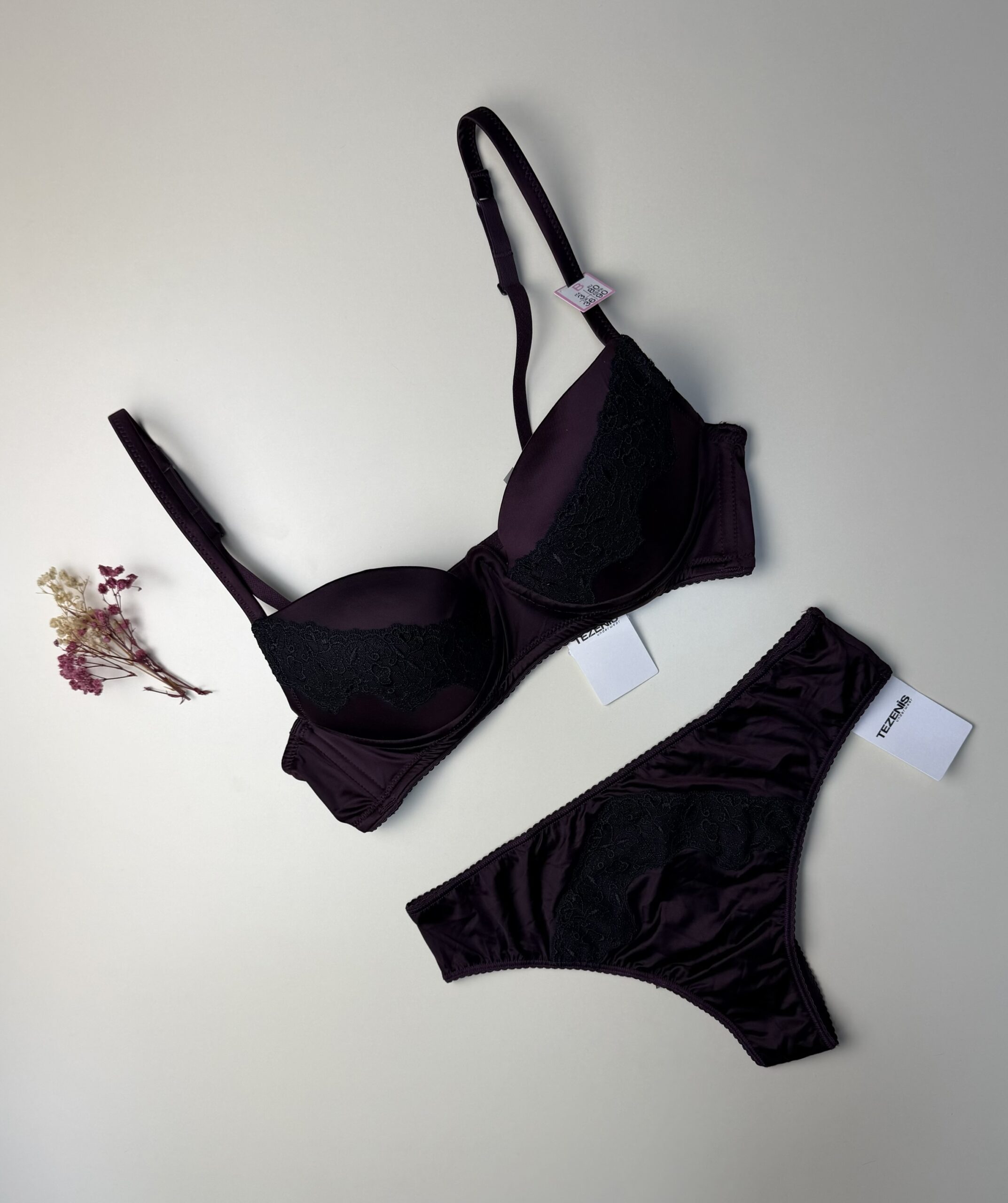 Ensemble 2pcs TEZENiS Push up "Aubergine Satin en dentelles"