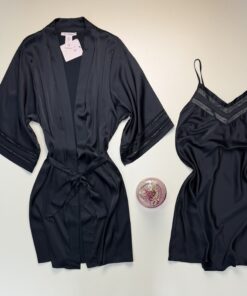 Alternative view of Ensemble nuisette peignoir en satin " Noir "