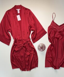 Alternative view of Ensemble nuisette peignoir en satin " Rouge "