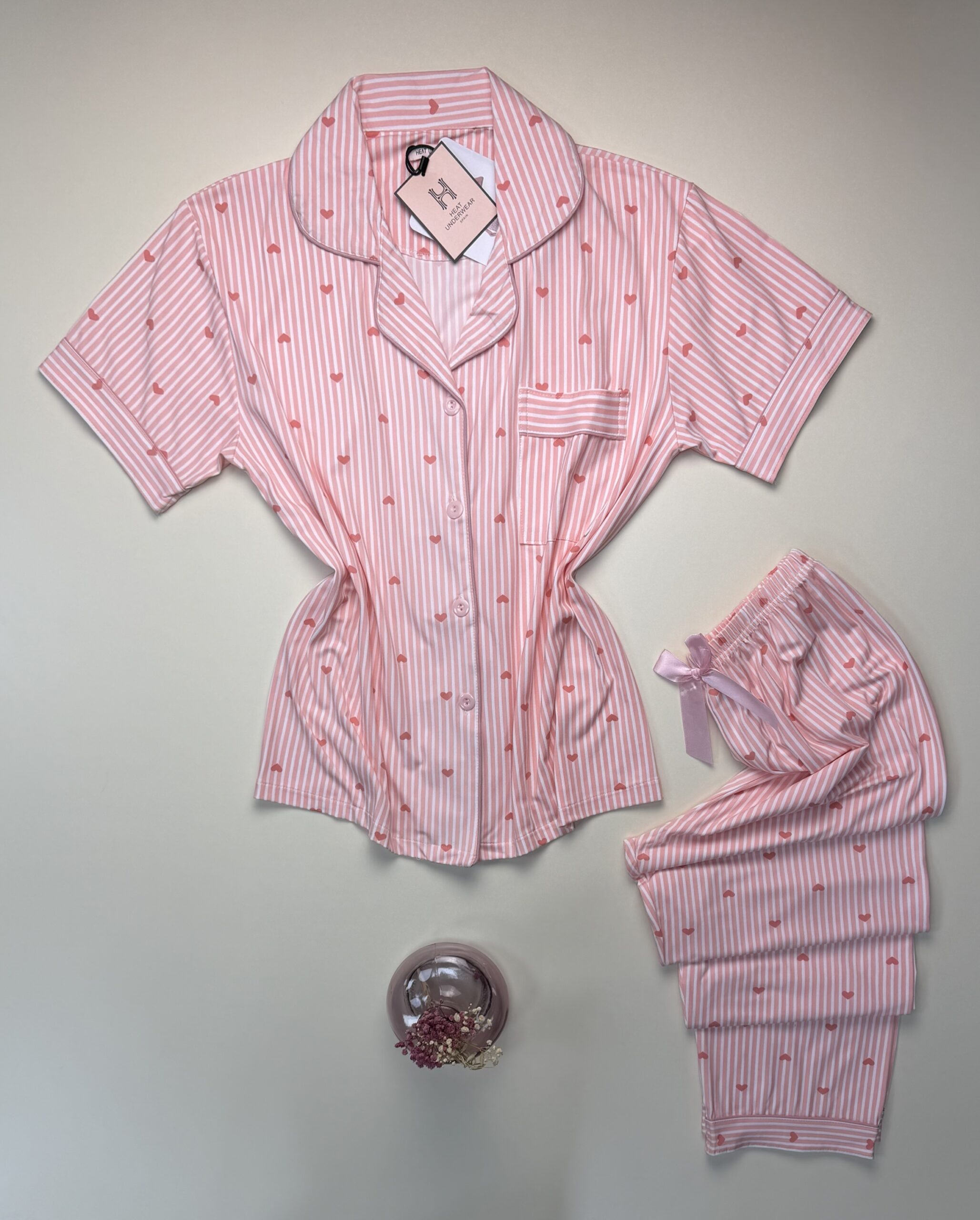 Pyjama boutonné haut demi manche H " Saumon à rayures " – Image 2