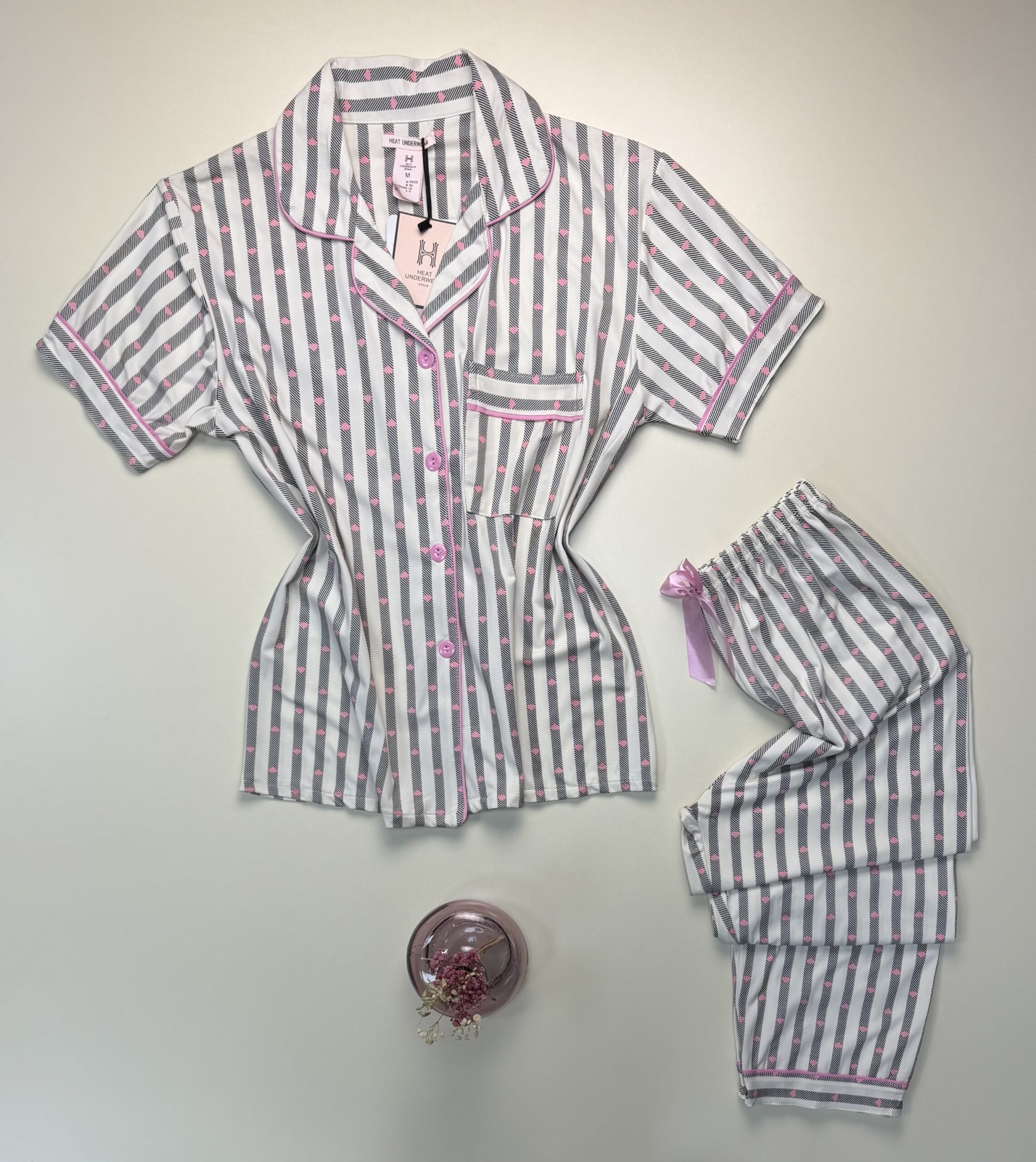 Pyjama boutonné haut demi manche H " à rayures noir " – Image 2