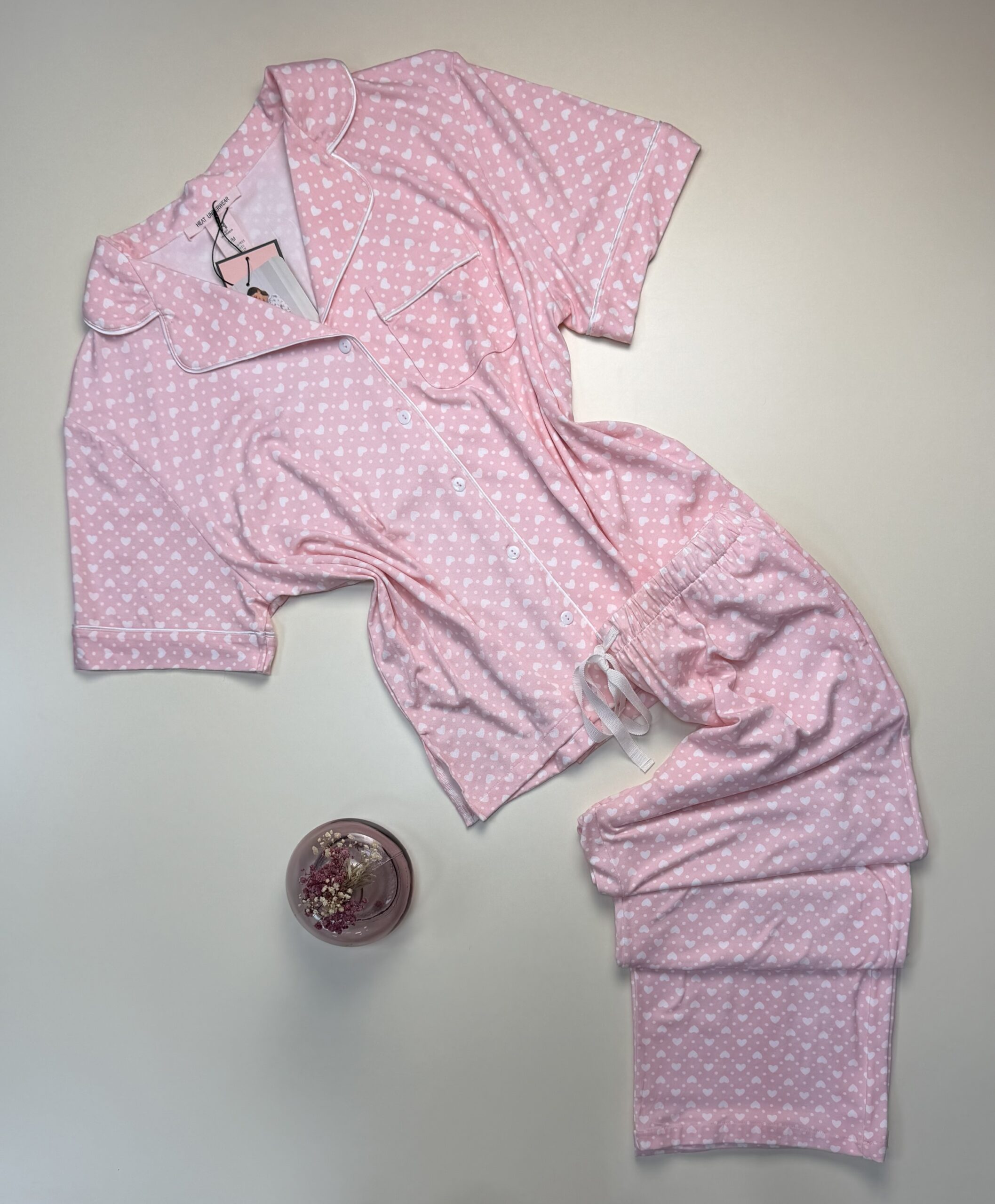 Pyjama boutonnée haut demi manche -H- "Rose coeur blanc "