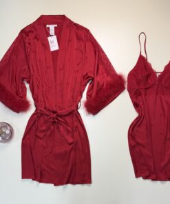 Alternative view of Ensemble nuisette peignoir en satin " Rouge "