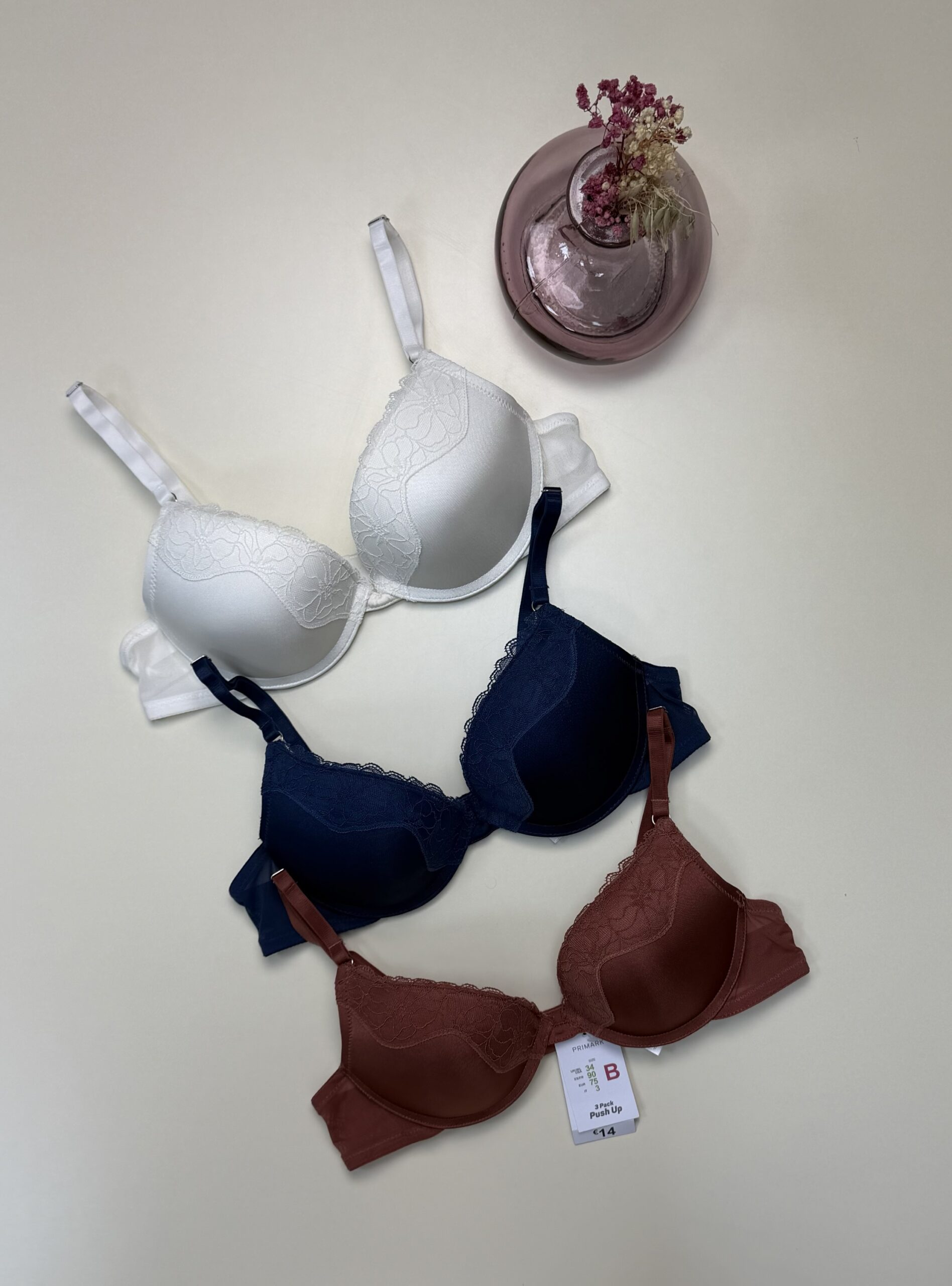 Pack de 3 soutiens gorge PRIMARK push up " Bleu, Blanc, Brique "
