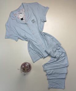 Pyjama pantalon boutonné demi manche " Bleu "