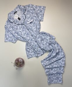 Pyjama pantalon Boutonné en Coton " Bleu à fleurs "