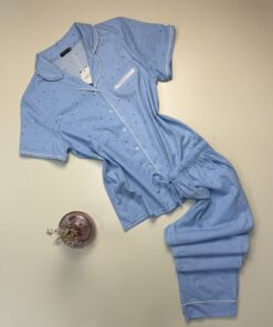 Pyjama pantalon boutonné demi manche en Coton " Bleu a fleur "