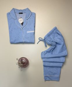 Alternative view of Pyjama pantalon boutonné demi manche en Coton " Bleu a fleur "