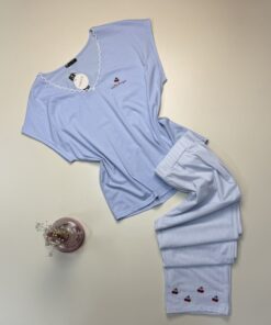 Pyjama pantalon haut demi manche en coton " Bleu "