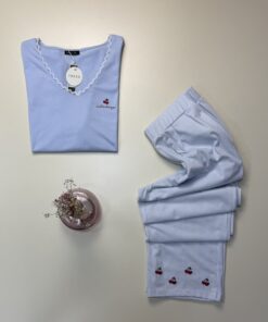 Alternative view of Pyjama pantalon haut demi manche en coton " Bleu "