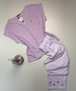 Pyjama pantalon haut demi manche en coton " Rose "
