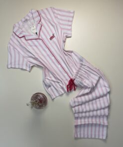 Pyjama pantalon demi manche boutonné " Rose à rayures " - TRESS -