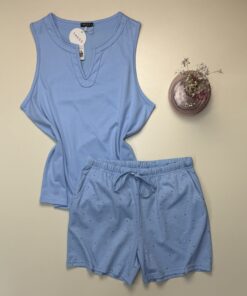 Pyjama short Bustier en Coton " Bleu "