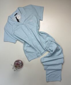 Pyjama pantalon boutonné demi manche Coton " Vert "