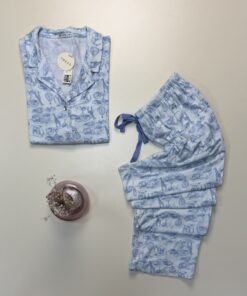 Alternative view of Pyjama boutonnée haut demi manche "Bleu à motif" - TRESS -