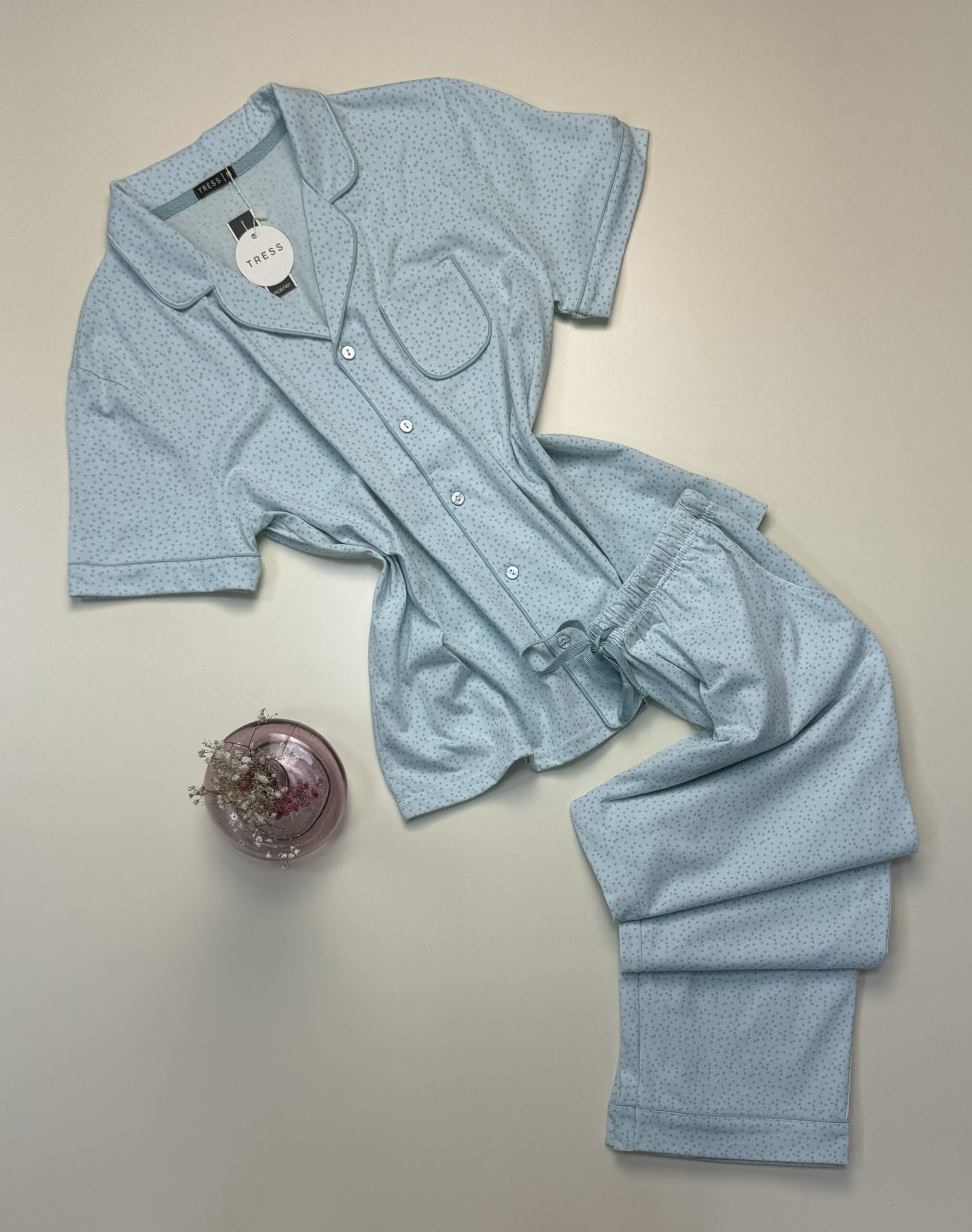 Pyjama pantalon boutonné demi manche en Coton "Vert petit point"