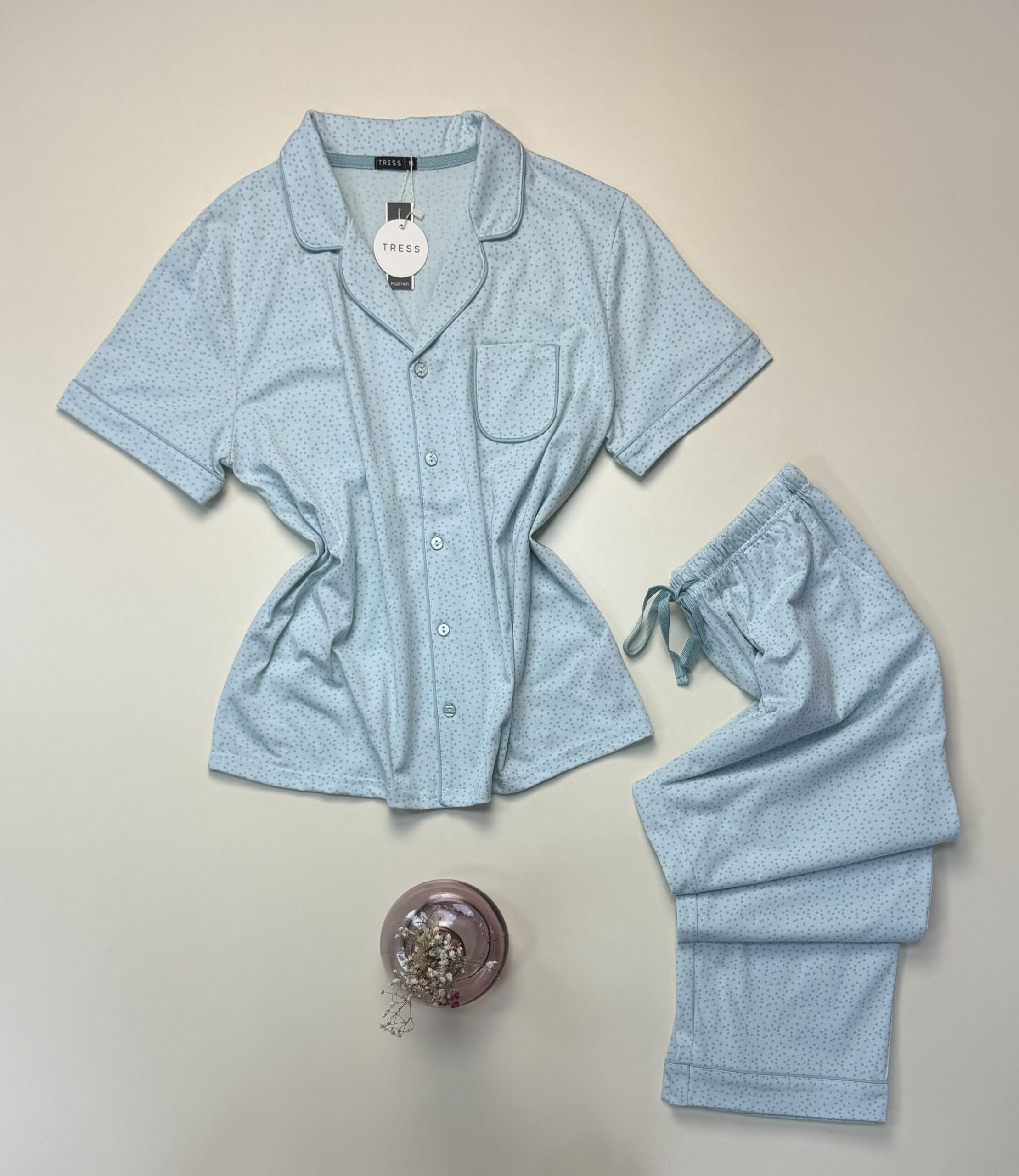 Pyjama pantalon boutonné demi manche en Coton "Vert petit point" – Image 3