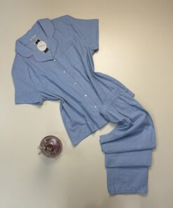 Pyjama boutonné haut demi manche 100% Coton " Bleu " - TRESS -