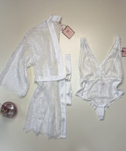 Ensemble peignoir + body en dentelle -H-  " Blanc "