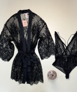 Alternative view of Ensemble peignoir + body en dentelle -H-  " Noir "