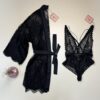 Ensemble peignoir + body en dentelle -H-  " Noir "