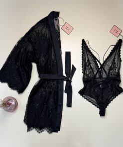Ensemble peignoir + body en dentelle -H-  " Noir "