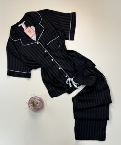 Pyjama boutonné en satin haut demi manche "Noir " - H -