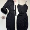 Nuisette peignoir long en satin " Noir " - H -