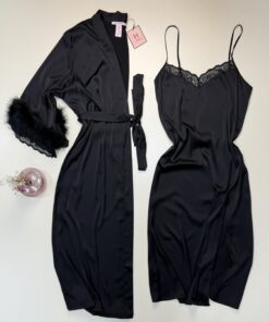 Nuisette peignoir long en satin " Noir " - H -