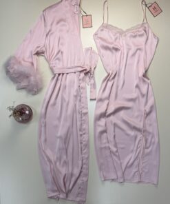 Nuisette peignoir long en satin "Rose " - H -