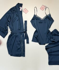 Pyjama 3pcs en satin " Bleu vert " -H-