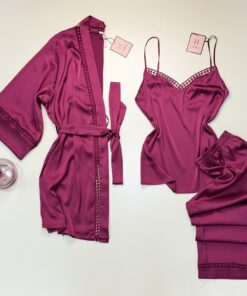 Pyjama 3pcs en satin " Cerise " -H-