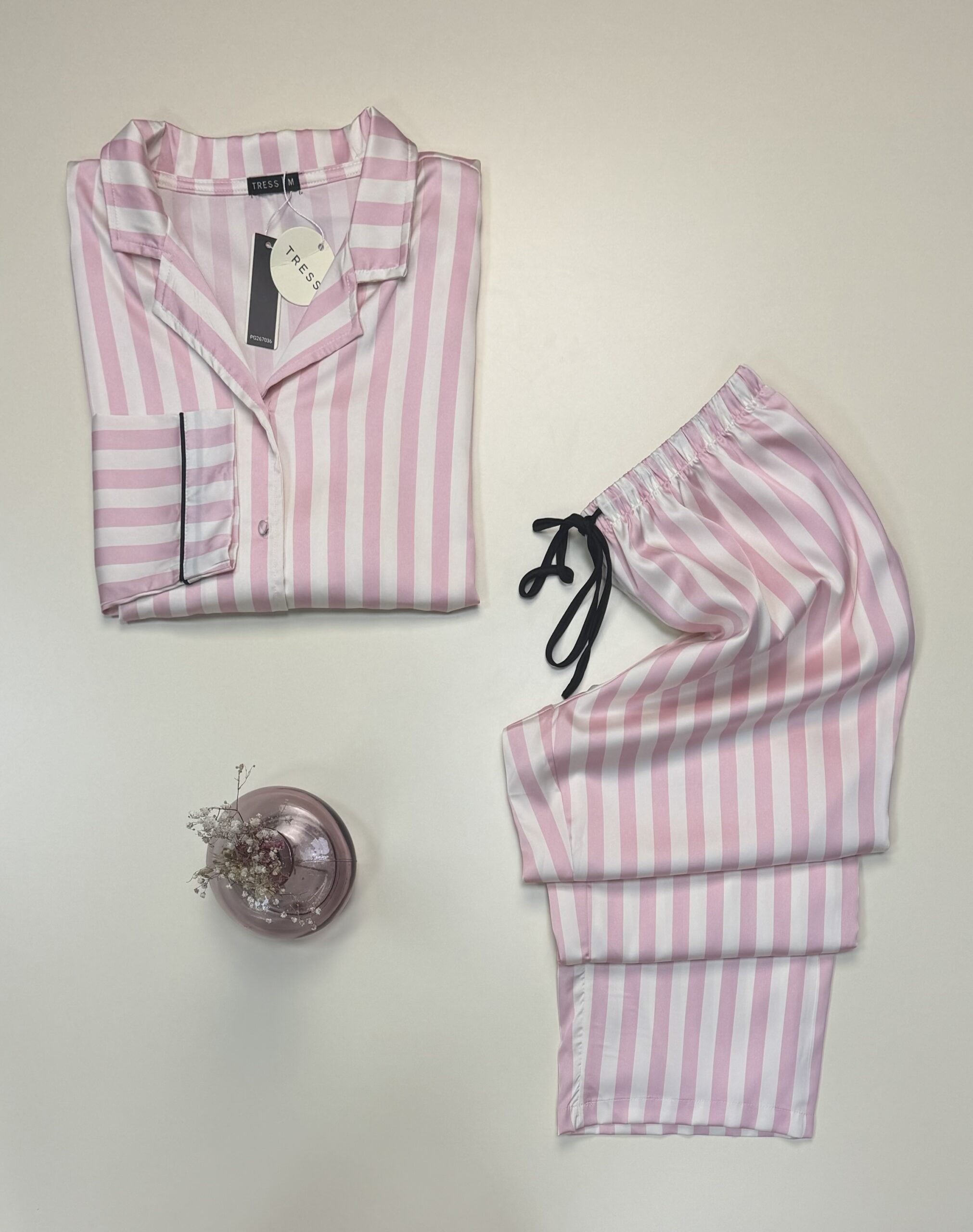 Pyjama boutonné en satin haut manche longue " Rose à rayures " -TRESS- – Image 2