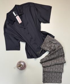 Pyjama boutonné en satin haut demi manche " Noir " - TRESS -