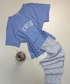 Pyjama haut demi manche en coton " Bleu " -TRESS-