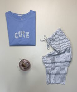Alternative view of Pyjama haut demi manche en coton " Bleu " -TRESS-