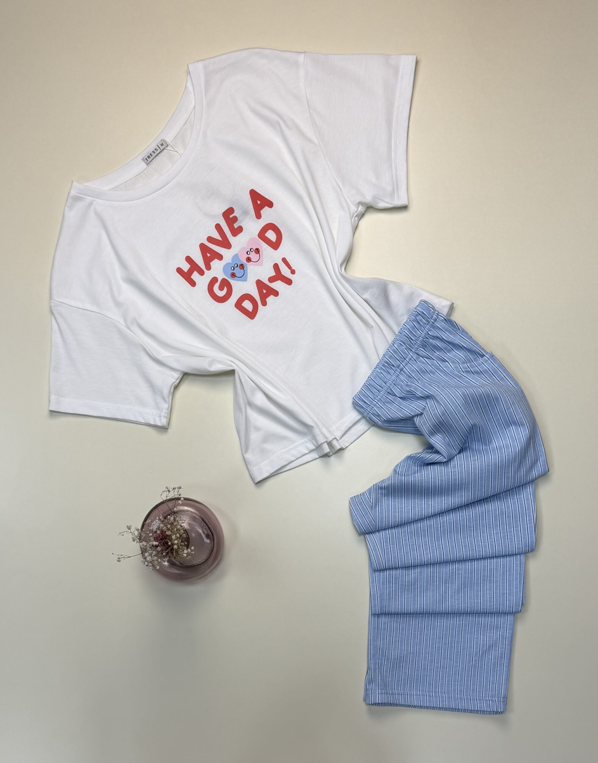Pyjama haut demi manche en coton -Tress- " Blanc "