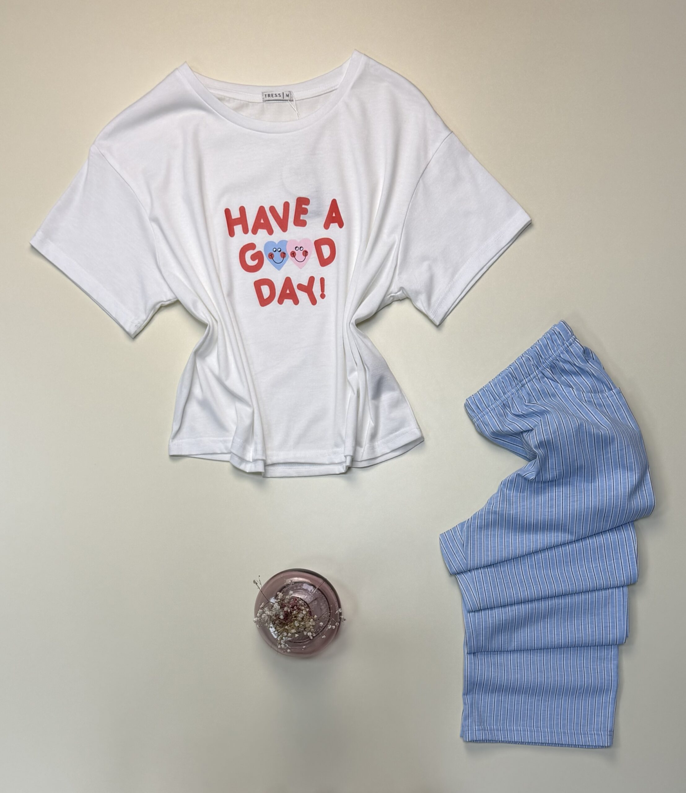 Pyjama haut demi manche en coton -Tress- " Blanc " – Image 3