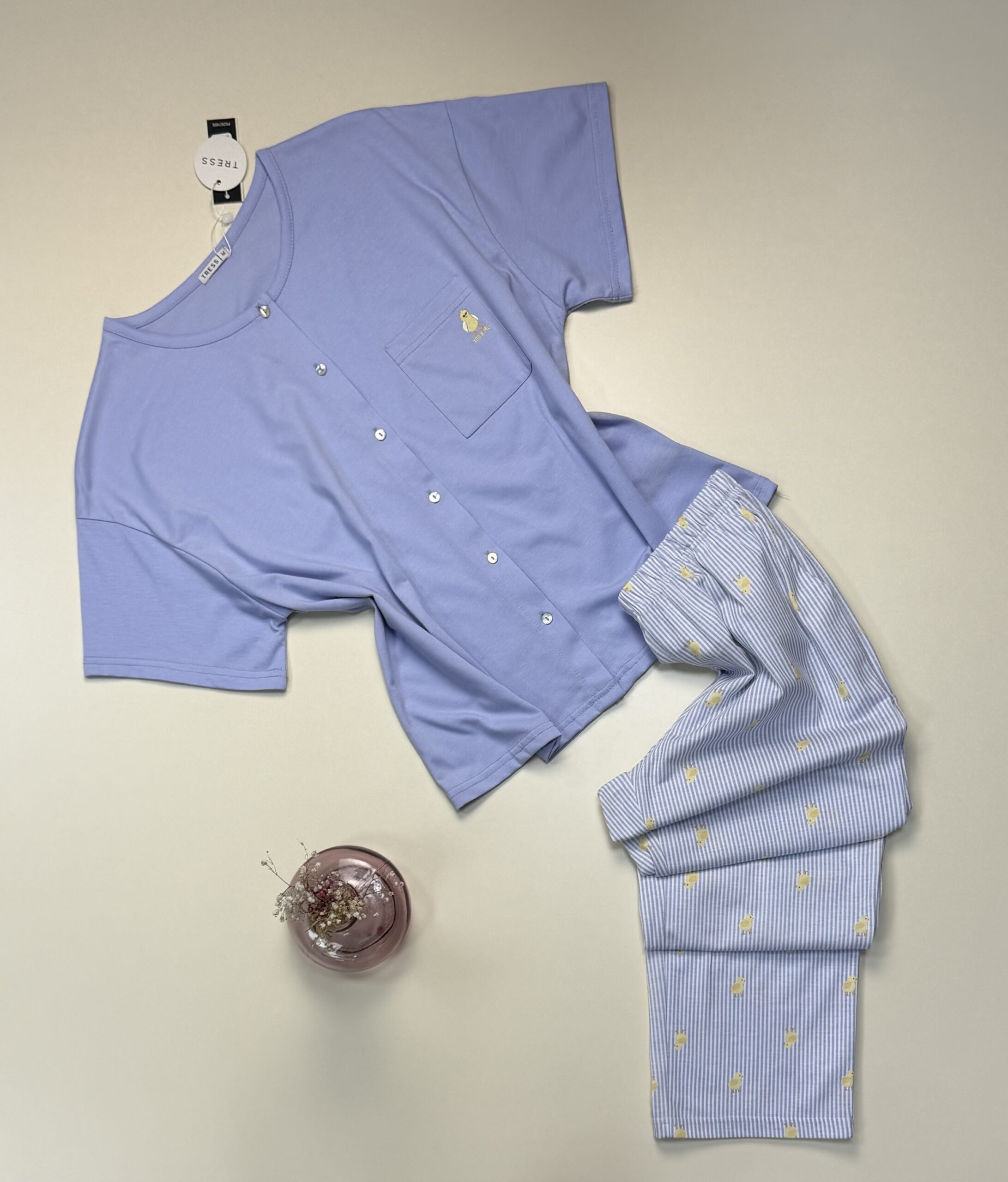 Pyjama boutonné haut demi manche - Tress - coton " Bleu "