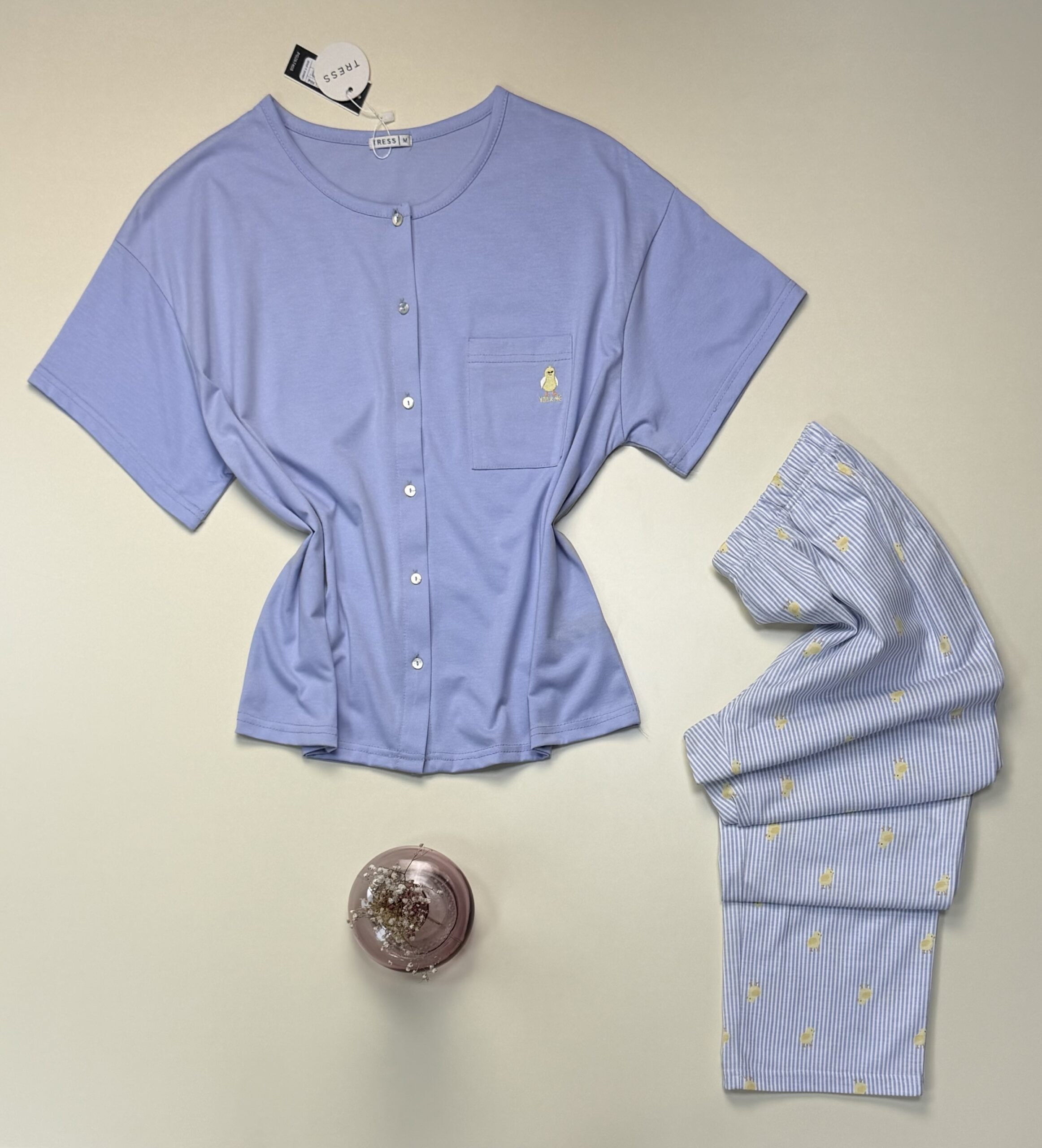 Pyjama boutonné haut demi manche - Tress - coton " Bleu " – Image 3