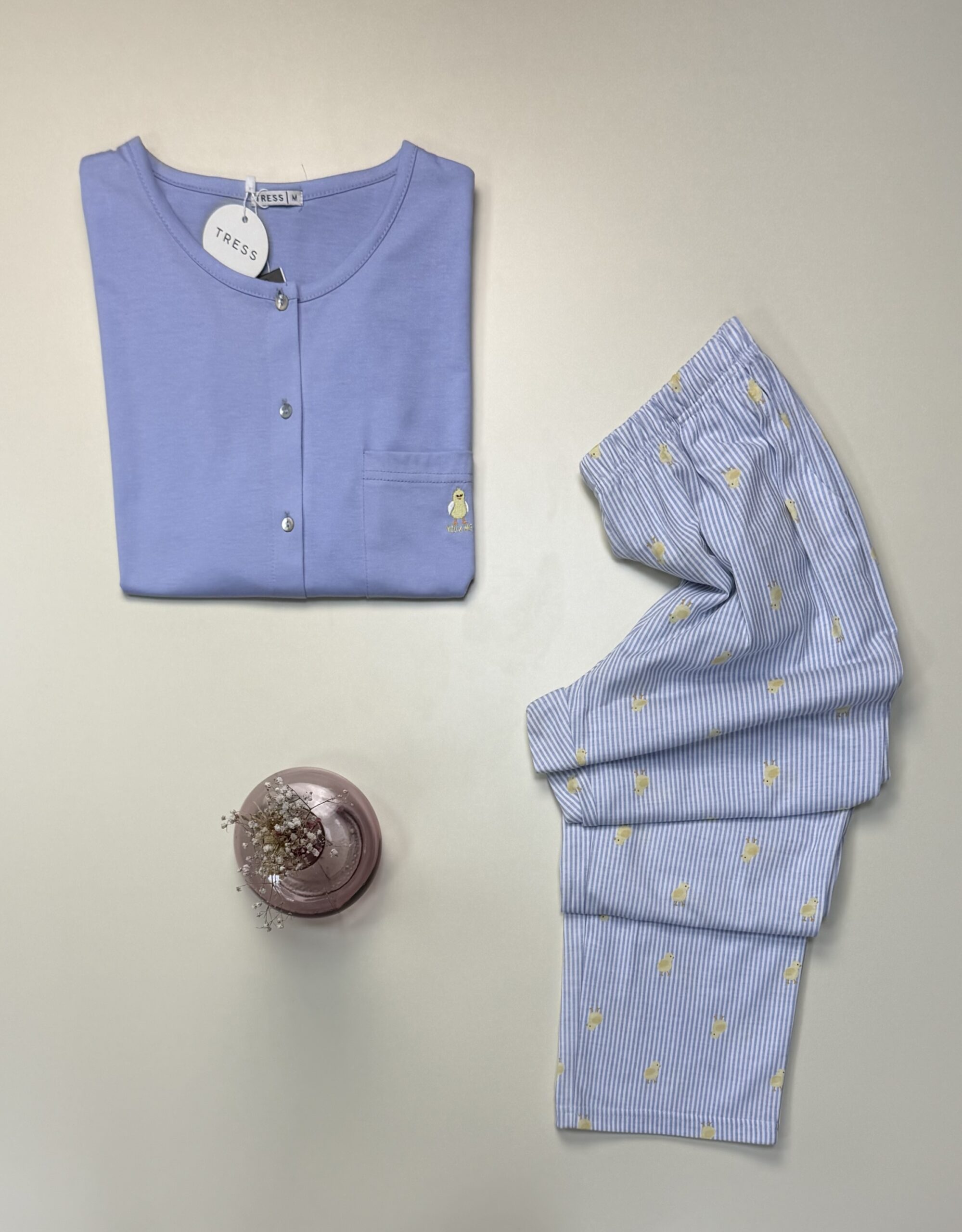 Pyjama boutonné haut demi manche - Tress - coton " Bleu " – Image 2